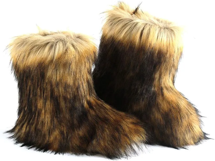 QINGCOMFACAI Women's Faux Fur Bootie Slippers Furry Fluffy Comfy Plush Boots Anti Slip Indoor House Shoes