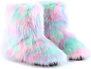 QINGCOMFACAI Women's Faux Fur Bootie Slippers Furry Fluffy Comfy Plush Boots Anti Slip Indoor House Shoes