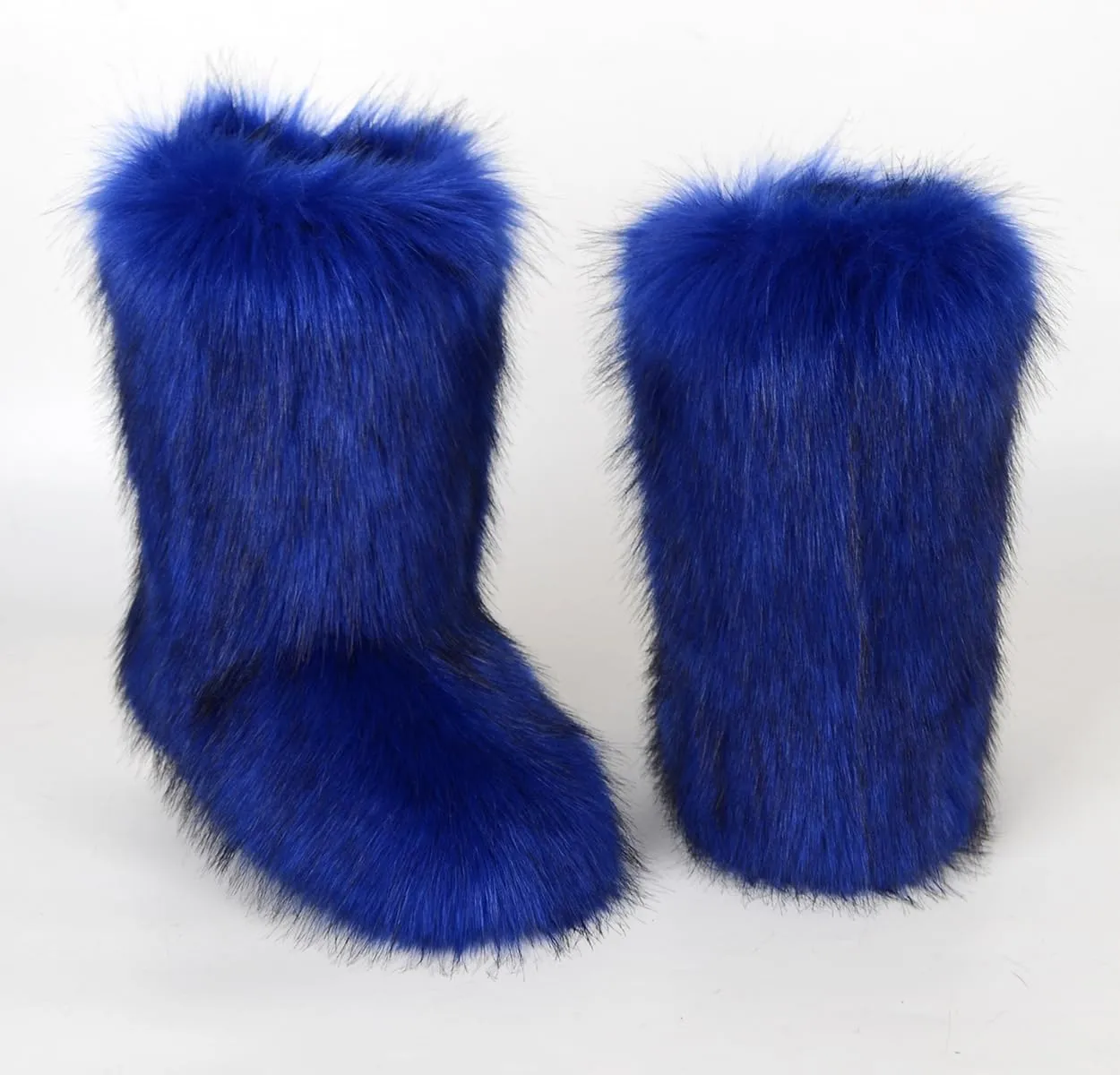 QMFUR Women's Furry Faux Fur Boots Fuzzy Fluffy Mid Calf Snow Boots Suede Warm Fur Lined Booties Flat Fashion Boots