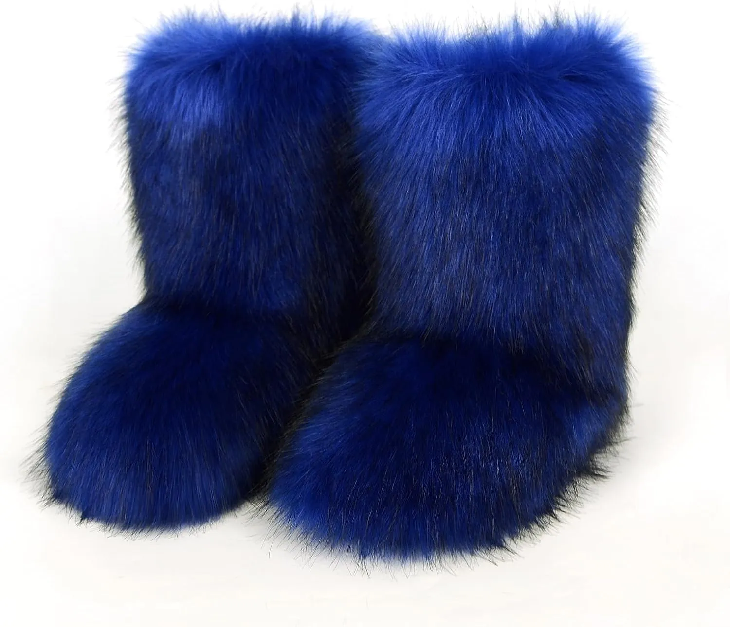QMFUR Women's Furry Faux Fur Boots Fuzzy Fluffy Mid Calf Snow Boots Suede Warm Fur Lined Booties Flat Fashion Boots