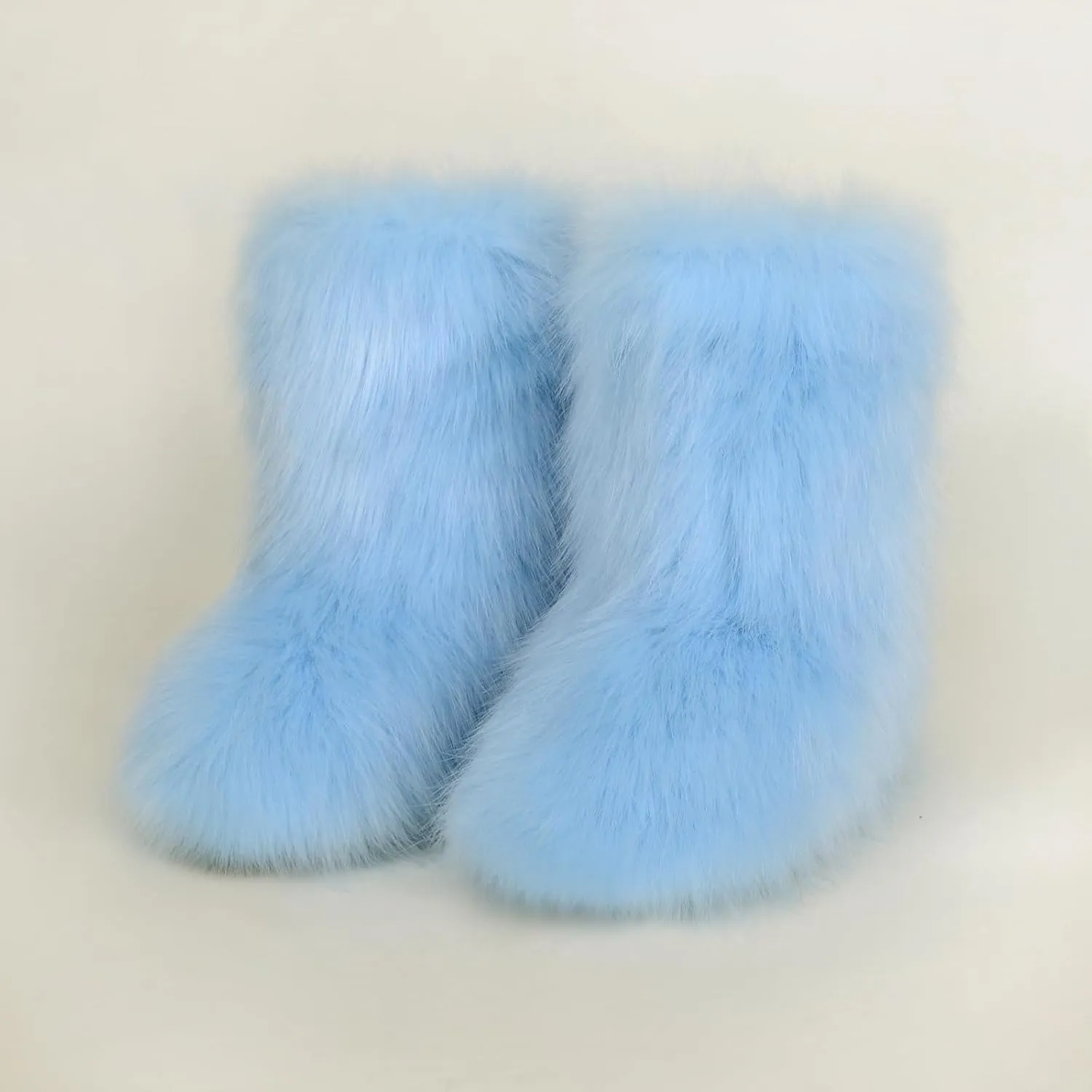 QMFUR Women's Furry Faux Fur Boots Fuzzy Fluffy Mid Calf Snow Boots Suede Warm Fur Lined Booties Flat Fashion Boots