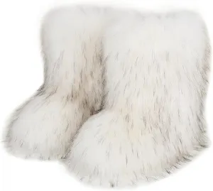 QMFUR Women's Furry Faux Fur Boots Fuzzy Fluffy Mid Calf Snow Boots Suede Warm Fur Lined Booties Flat Fashion Boots