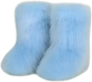 QMFUR Women's Furry Faux Fur Boots Fuzzy Fluffy Mid Calf Snow Boots Suede Warm Fur Lined Booties Flat Fashion Boots