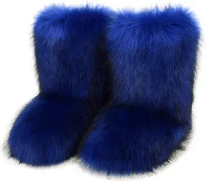 QMFUR Women's Furry Faux Fur Boots Fuzzy Fluffy Mid Calf Snow Boots Suede Warm Fur Lined Booties Flat Fashion Boots