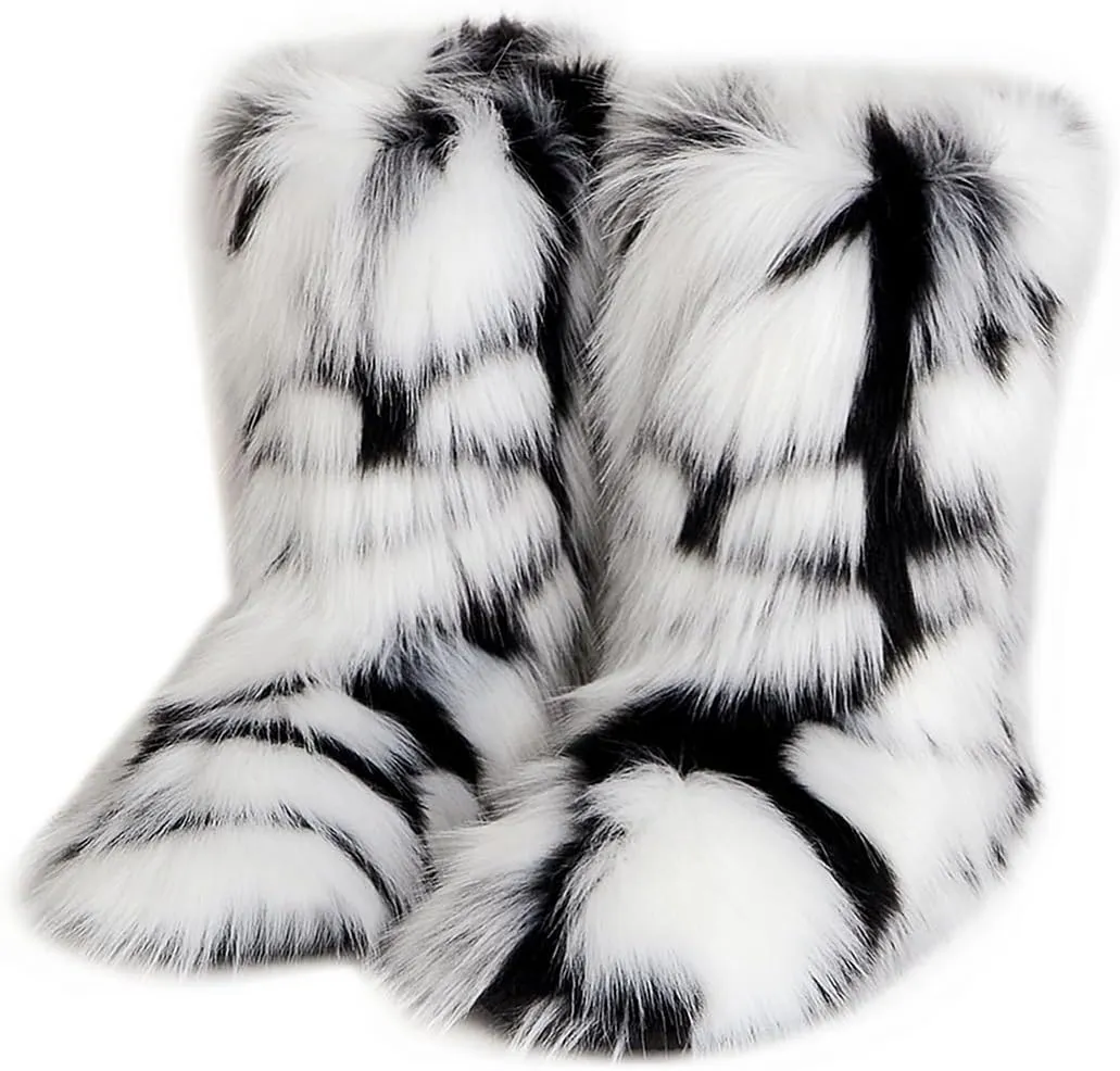 QMFUR Women's Furry Faux Fur Boots Fuzzy Fluffy Mid Calf Snow Boots Suede Warm Fur Lined Booties Flat Fashion Boots