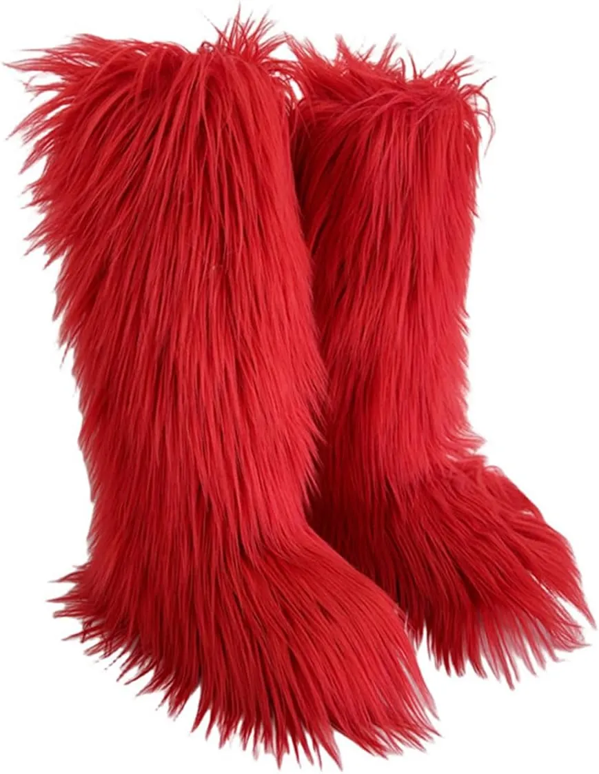 QMFUR Women's Furry Knee High Snow Boots Faux Fur Mid-Calf Boot Fluffy Flat boot Winter Warm Fashion Boots
