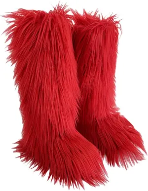 QMFUR Women's Furry Knee High Snow Boots Faux Fur Mid-Calf Boot Fluffy Flat boot Winter Warm Fashion Boots
