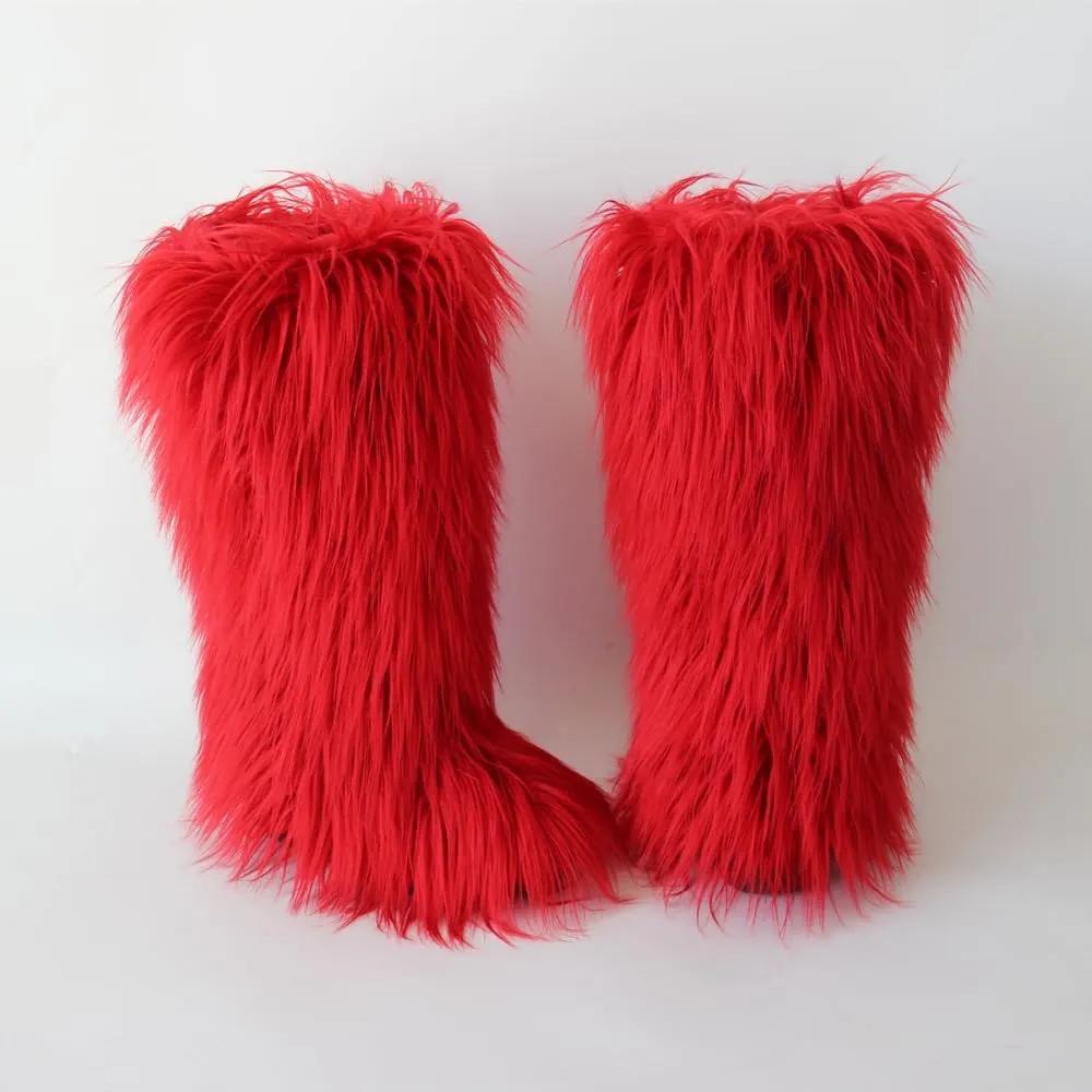 QMFUR Women's Furry Knee High Snow Boots Faux Fur Mid-Calf Boot Fluffy Flat boot Winter Warm Fashion Boots