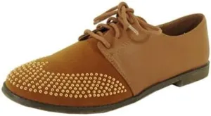 Qupid STRIP-85 Studded Two Tone Lace Up Colorblock Oxford Flat Shoe