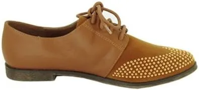 Qupid STRIP-85 Studded Two Tone Lace Up Colorblock Oxford Flat Shoe