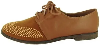 Qupid STRIP-85 Studded Two Tone Lace Up Colorblock Oxford Flat Shoe