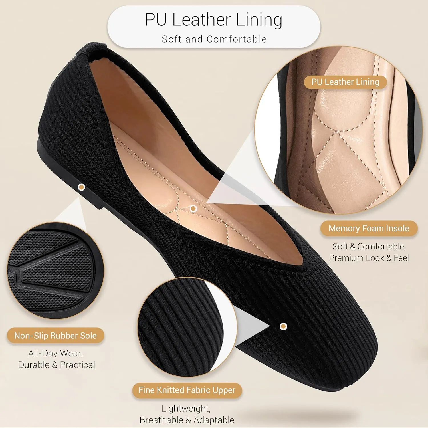 REFRASE LIFE Women's Ballet Flats Square Toe, Comfortable Ribbed Ballet Flats Shoes with Black Trim, Dressy Slip-On Casual Flats for Everyday Wear, Lightweight and Breathable