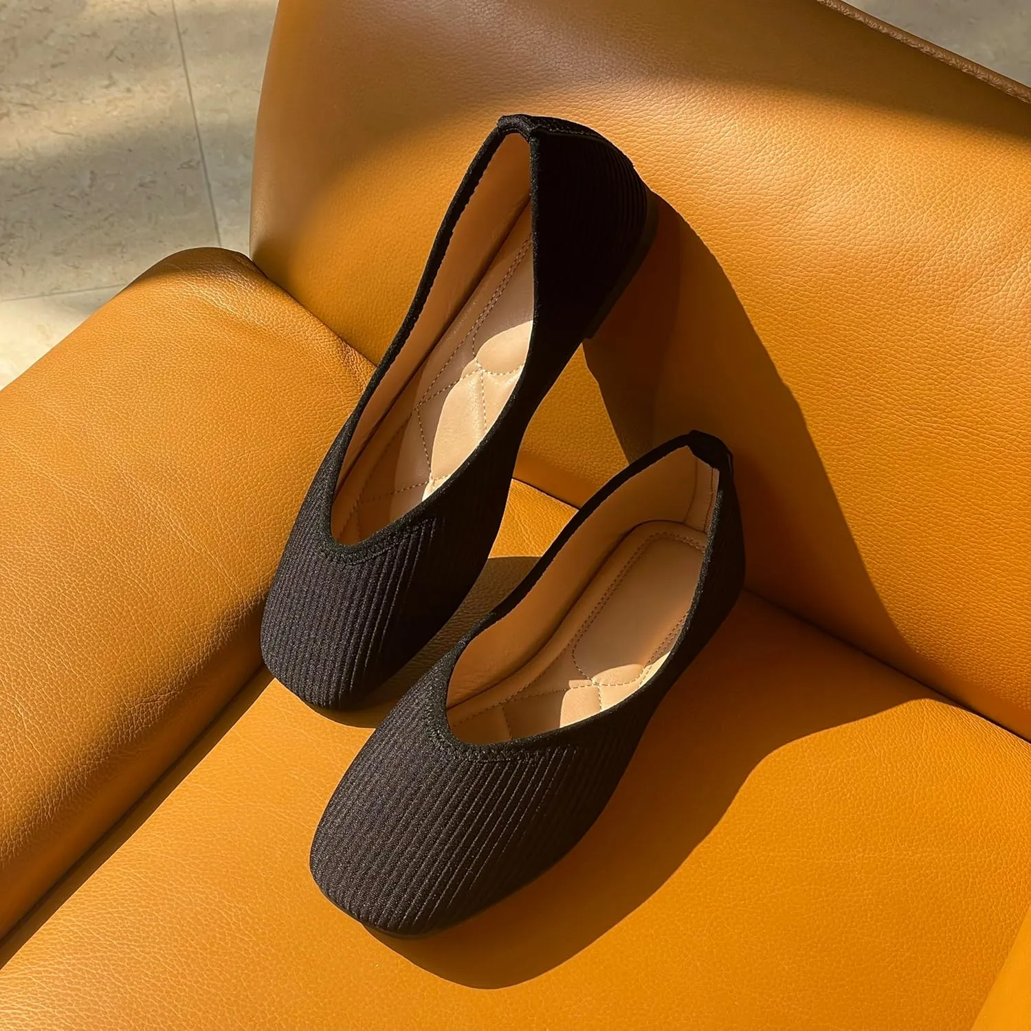 REFRASE LIFE Women's Ballet Flats Square Toe, Comfortable Ribbed Ballet Flats Shoes with Black Trim, Dressy Slip-On Casual Flats for Everyday Wear, Lightweight and Breathable
