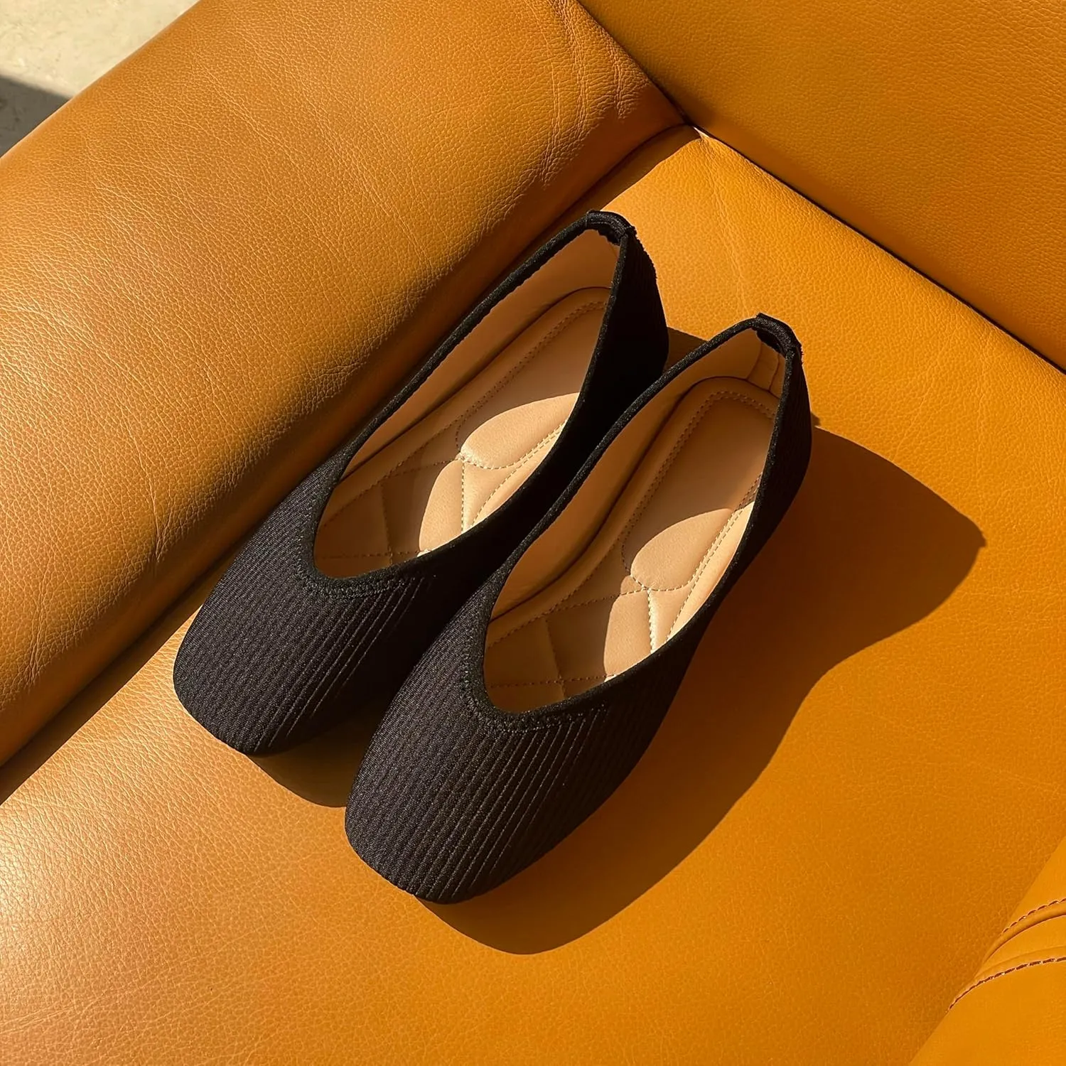 REFRASE LIFE Women's Ballet Flats Square Toe, Comfortable Ribbed Ballet Flats Shoes with Black Trim, Dressy Slip-On Casual Flats for Everyday Wear, Lightweight and Breathable