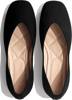 REFRASE LIFE Women's Ballet Flats Square Toe, Comfortable Ribbed Ballet Flats Shoes with Black Trim, Dressy Slip-On Casual Flats for Everyday Wear, Lightweight and Breathable