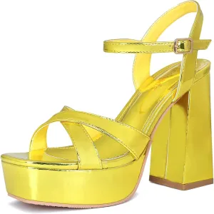 risdoada Women's Platform Heels Sandals Open Toe Ankle Strap Chunky Heeled Sandal Wedding Party Dress Patent Leather PU Pumps