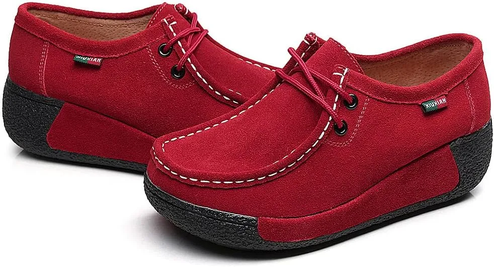 rismart Women's Lace-up Fashion Sneakers Leather Platform Casual Walking Shoes