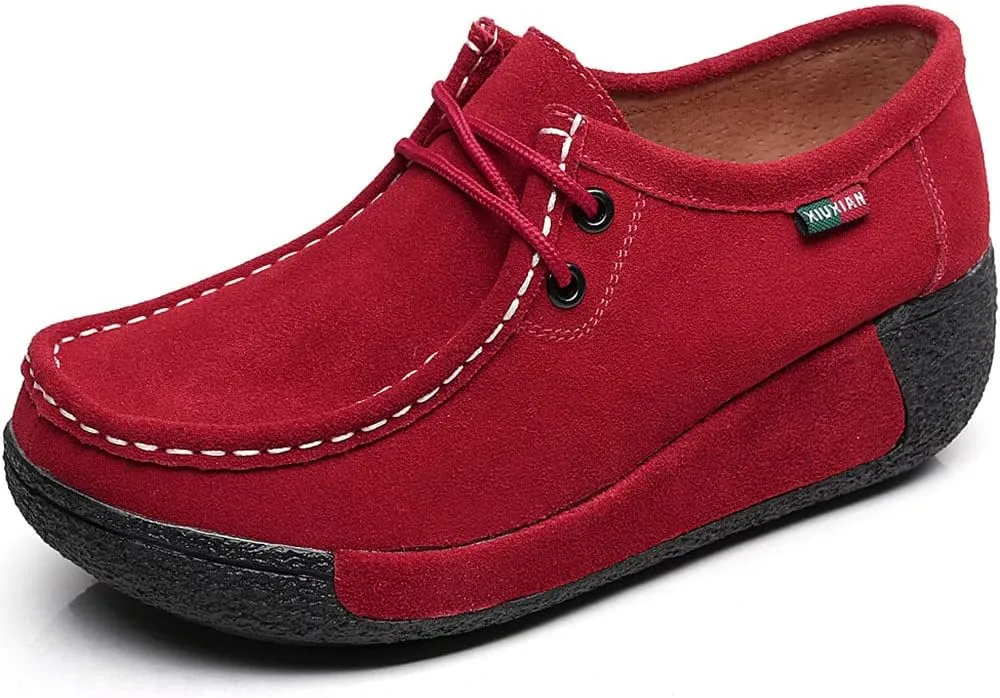 rismart Women's Lace-up Fashion Sneakers Leather Platform Casual Walking Shoes