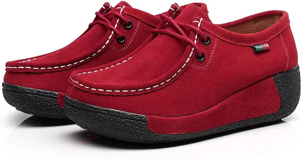 rismart Women's Lace-up Fashion Sneakers Leather Platform Casual Walking Shoes