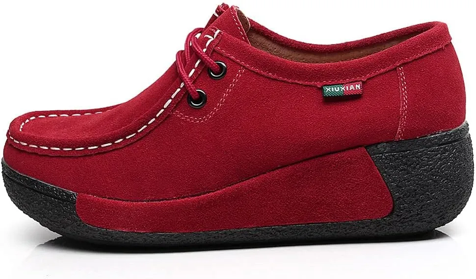 rismart Women's Lace-up Fashion Sneakers Leather Platform Casual Walking Shoes