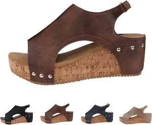 Rivet Wedge Sandals,Lightweight & Easy Slipon Rivet Decor Platform Sandal,Open Toe Buckle Ankle Strap Casual Summer Shoes