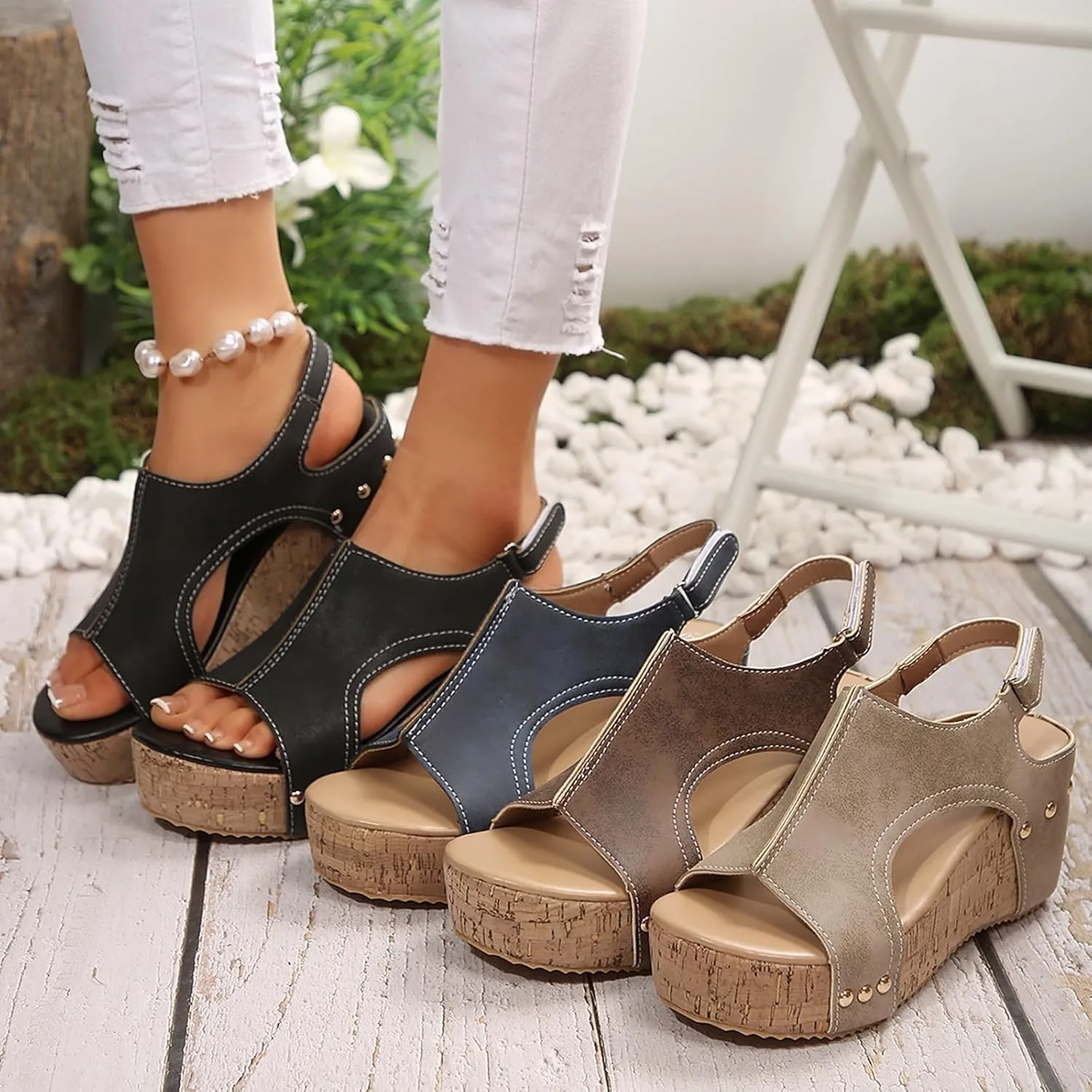 Rivet Wedge Sandals,Lightweight & Easy Slipon Rivet Decor Platform Sandal,Open Toe Buckle Ankle Strap Casual Summer Shoes