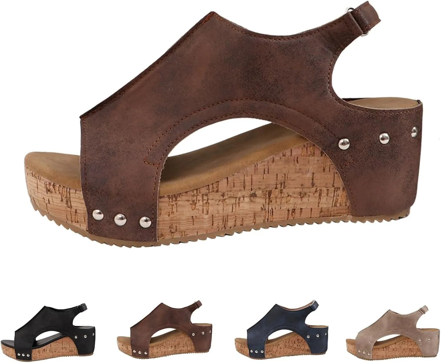 Rivet Wedge Sandals,Lightweight & Easy Slipon Rivet Decor Platform Sandal,Open Toe Buckle Ankle Strap Casual Summer Shoes