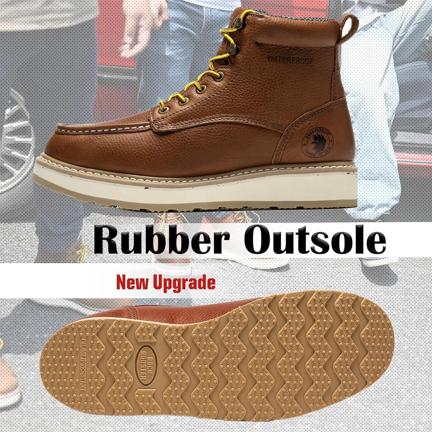 ROCKROOSTER Walker Waterproof Work Boots for Men, 6" Soft Toe Comfortable Boots, Vibram Wedge Sole, Arch Support Anti-Fatigue, Leather Insulated Safety Boots, Electric Hazard