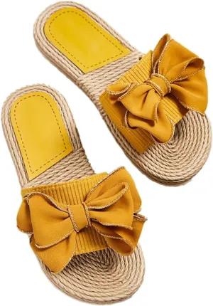 Rungion Women's Trendy Bow Flat Sandals Straw Open Toe Dressy Summer Beach Slide Sandals Outdoor Travel Slipper Shose
