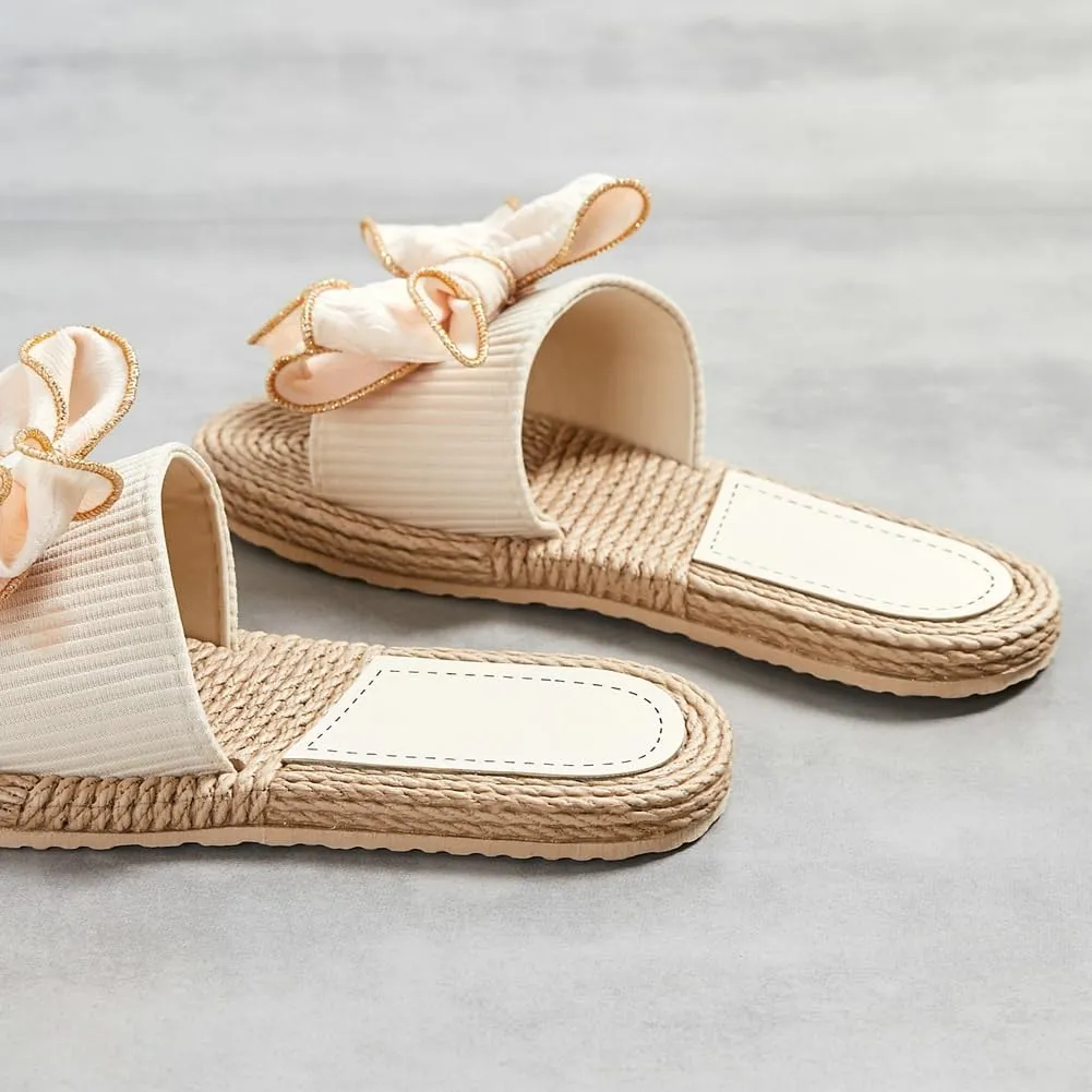 Rungion Women's Trendy Bow Flat Sandals Straw Open Toe Dressy Summer Beach Slide Sandals Outdoor Travel Slipper Shose