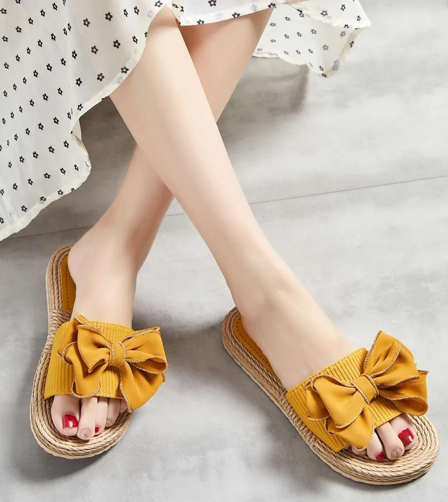 Rungion Women's Trendy Bow Flat Sandals Straw Open Toe Dressy Summer Beach Slide Sandals Outdoor Travel Slipper Shose