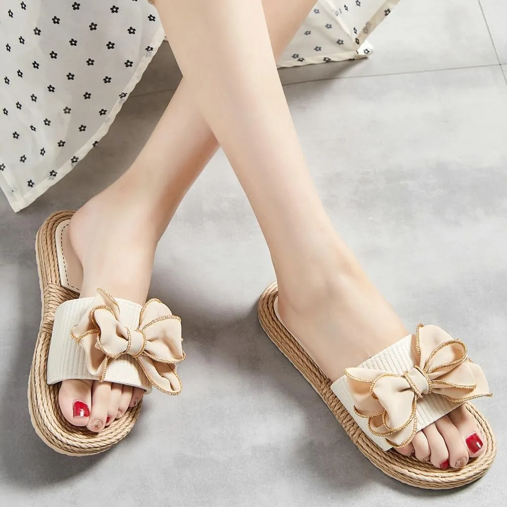 Rungion Women's Trendy Bow Flat Sandals Straw Open Toe Dressy Summer Beach Slide Sandals Outdoor Travel Slipper Shose