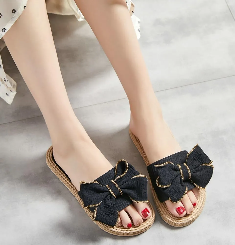 Rungion Women's Trendy Bow Flat Sandals Straw Open Toe Dressy Summer Beach Slide Sandals Outdoor Travel Slipper Shose