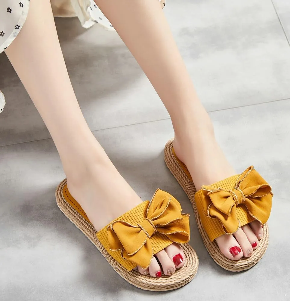 Rungion Women's Trendy Bow Flat Sandals Straw Open Toe Dressy Summer Beach Slide Sandals Outdoor Travel Slipper Shose