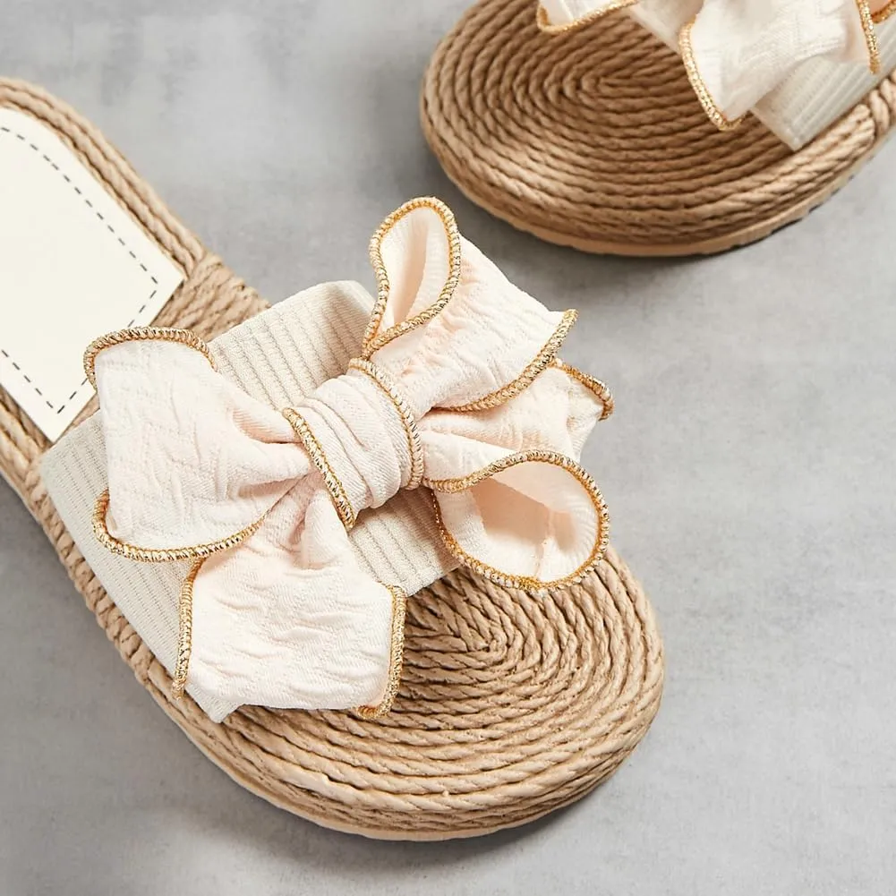 Rungion Women's Trendy Bow Flat Sandals Straw Open Toe Dressy Summer Beach Slide Sandals Outdoor Travel Slipper Shose