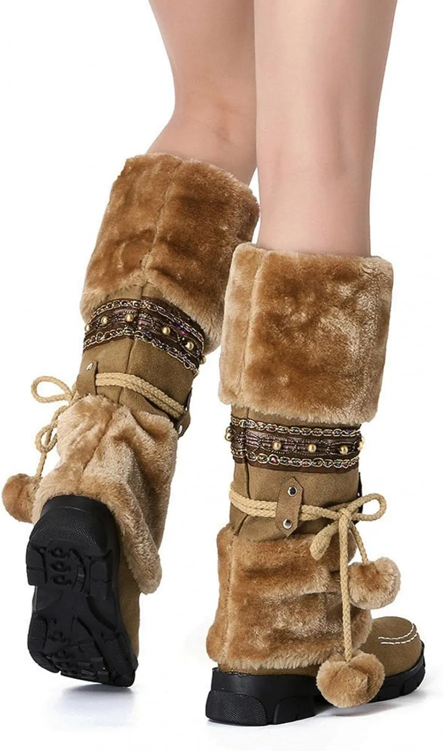 SACFOF Mid Calf Boots for Women,Winter Lace Up Pompoms Platform Anti-Slip Furry Snow Boots Fur Lined Keep Warm Knight Boots