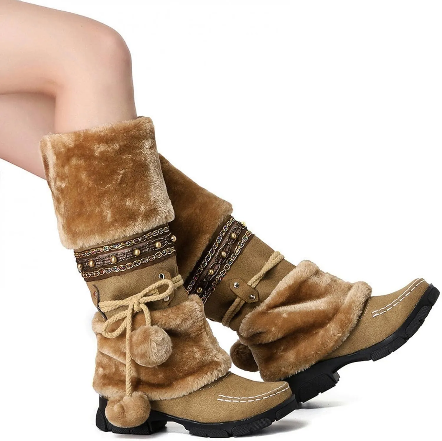 SACFOF Mid Calf Boots for Women,Winter Lace Up Pompoms Platform Anti-Slip Furry Snow Boots Fur Lined Keep Warm Knight Boots