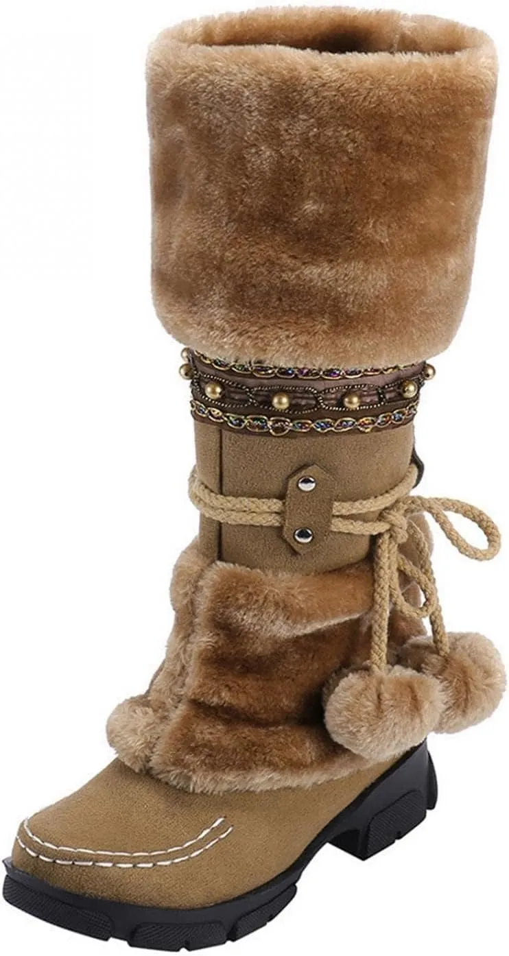SACFOF Mid Calf Boots for Women,Winter Lace Up Pompoms Platform Anti-Slip Furry Snow Boots Fur Lined Keep Warm Knight Boots