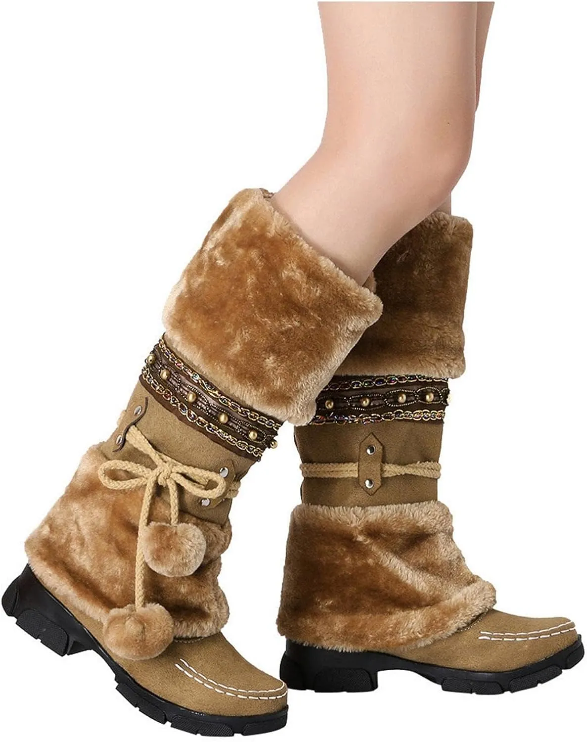 SACFOF Mid Calf Boots for Women,Winter Lace Up Pompoms Platform Anti-Slip Furry Snow Boots Fur Lined Keep Warm Knight Boots