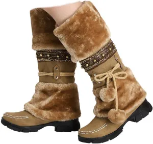 SACFOF Mid Calf Boots for Women,Winter Lace Up Pompoms Platform Anti-Slip Furry Snow Boots Fur Lined Keep Warm Knight Boots