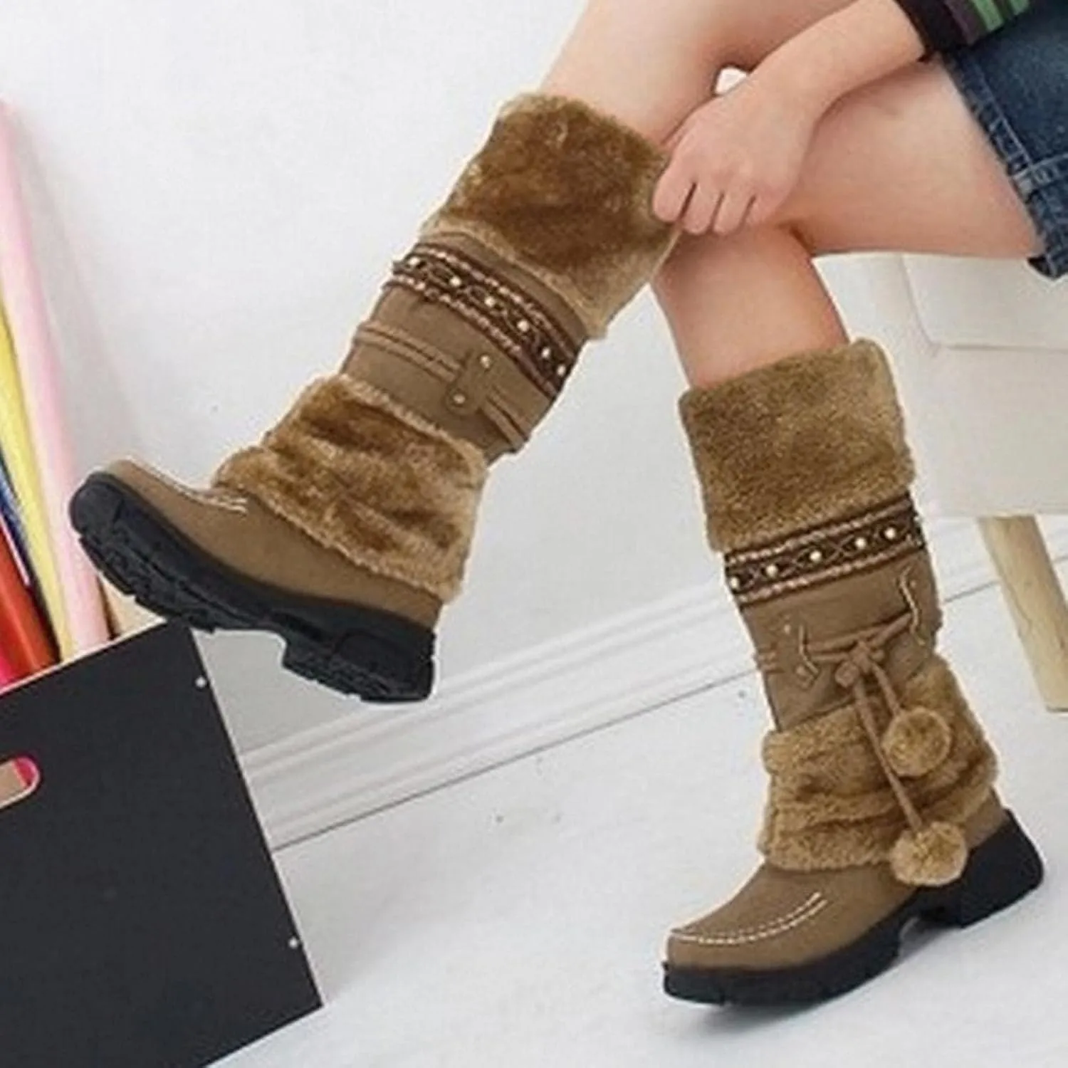 SACFOF Mid Calf Boots for Women,Winter Lace Up Pompoms Platform Anti-Slip Furry Snow Boots Fur Lined Keep Warm Knight Boots