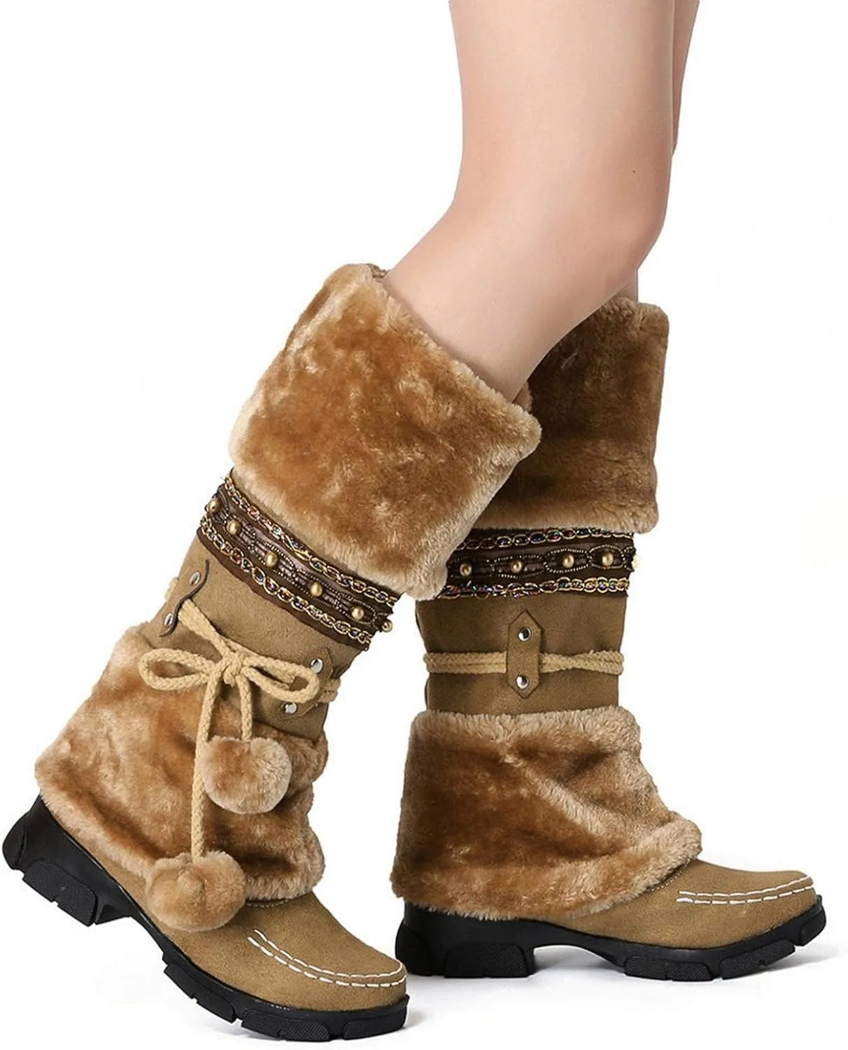 SACFOF Mid Calf Boots for Women,Winter Lace Up Pompoms Platform Anti-Slip Furry Snow Boots Fur Lined Keep Warm Knight Boots
