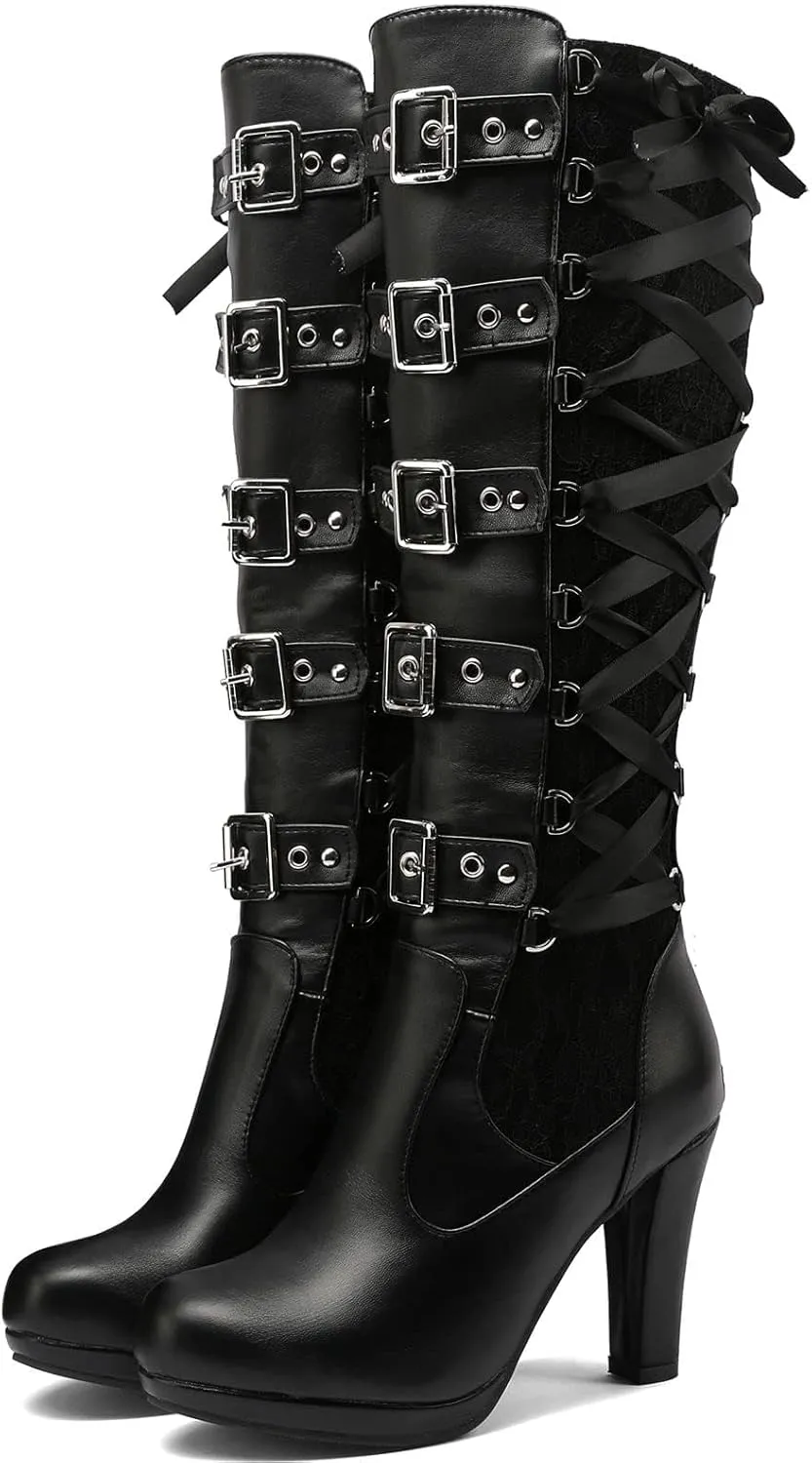 SACFOF Women Lace Goth Knee High Boots Vintage Buckle Block Heel Lace Up Knee Steampunk Boots Punk Platform Gothic Boots