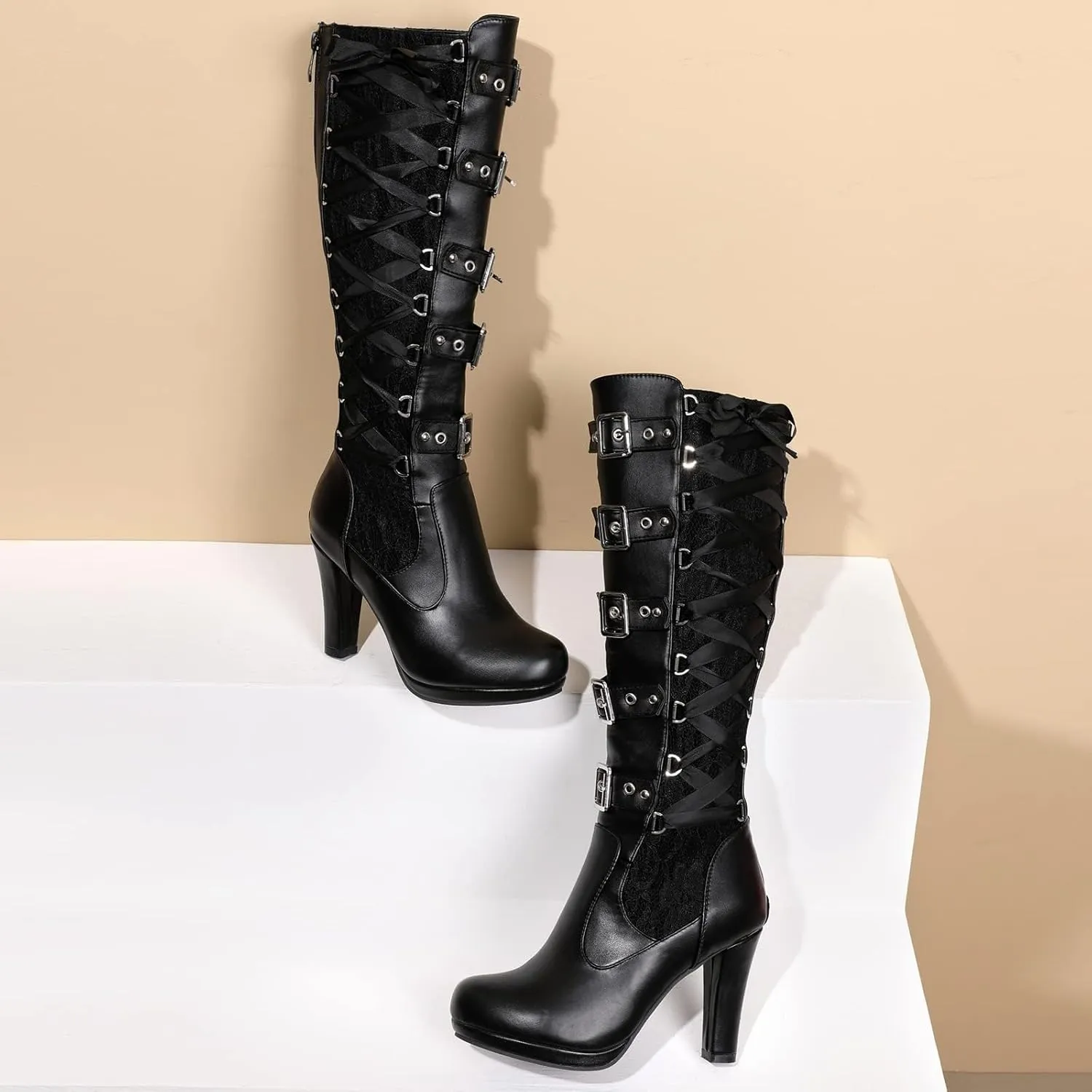 SACFOF Women Lace Goth Knee High Boots Vintage Buckle Block Heel Lace Up Knee Steampunk Boots Punk Platform Gothic Boots