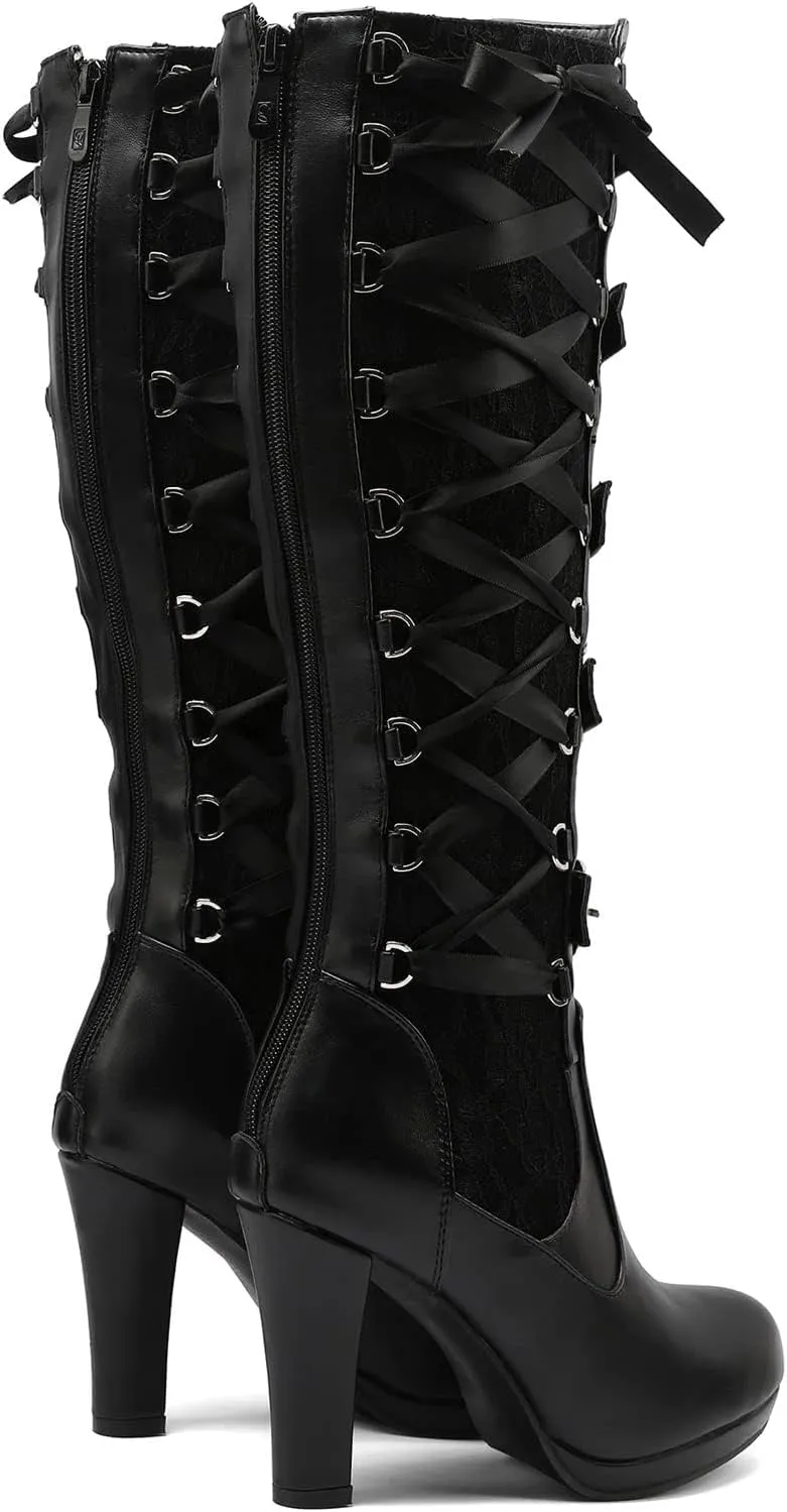 SACFOF Women Lace Goth Knee High Boots Vintage Buckle Block Heel Lace Up Knee Steampunk Boots Punk Platform Gothic Boots