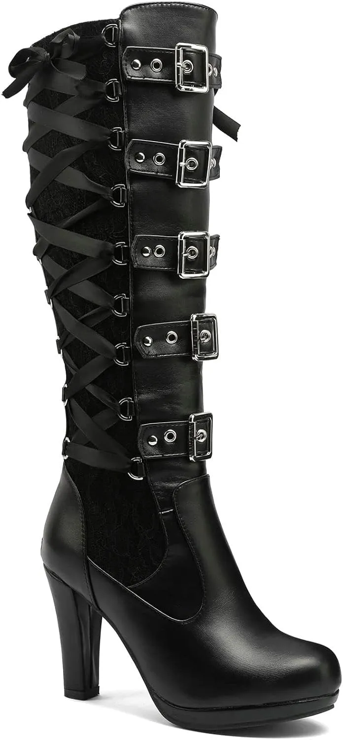 SACFOF Women Lace Goth Knee High Boots Vintage Buckle Block Heel Lace Up Knee Steampunk Boots Punk Platform Gothic Boots