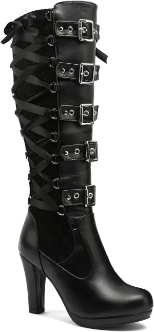 SACFOF Women Lace Goth Knee High Boots Vintage Buckle Block Heel Lace Up Knee Steampunk Boots Punk Platform Gothic Boots