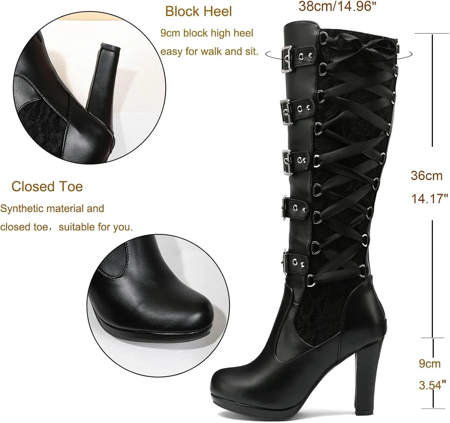 SACFOF Women Lace Goth Knee High Boots Vintage Buckle Block Heel Lace Up Knee Steampunk Boots Punk Platform Gothic Boots