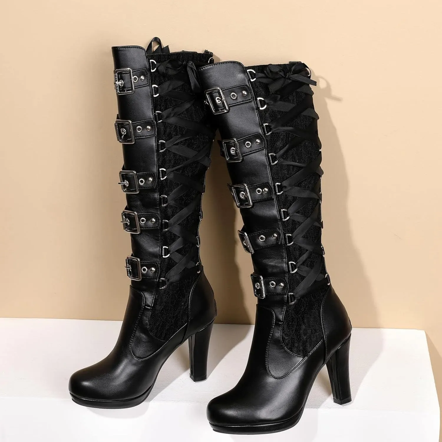 SACFOF Women Lace Goth Knee High Boots Vintage Buckle Block Heel Lace Up Knee Steampunk Boots Punk Platform Gothic Boots