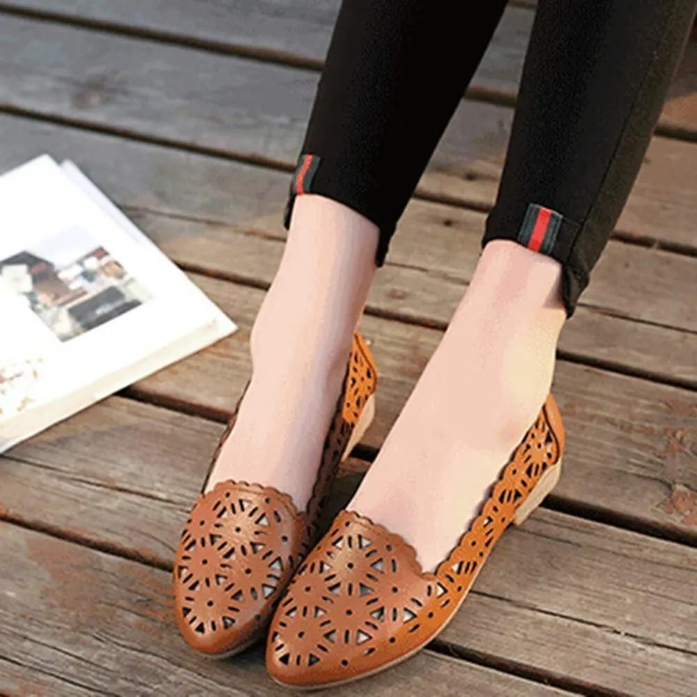 SAILING LU Women's Floral Ballet Flats for Women Black Beige Slip On Flowers Hollow Out Round Toe Dress Shoes
